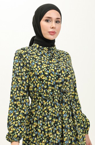 Çiçek Desenli Pamuklu Elbise 0120-01 Sarı Siyah