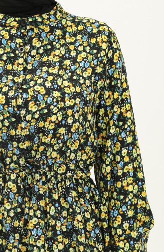 Çiçek Desenli Pamuklu Elbise 0120-01 Sarı Siyah