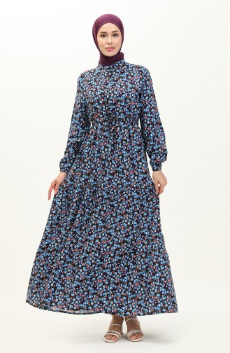 Robe en Coton à Motifs 0120-03 Bleu Noir 0120-03