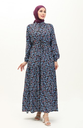 Floral Print Cotton Dress 0120-03 Blue Black 0120-03