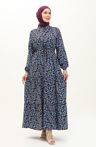 Robe en Coton à Motifs 0120-03 Bleu Noir 0120-03