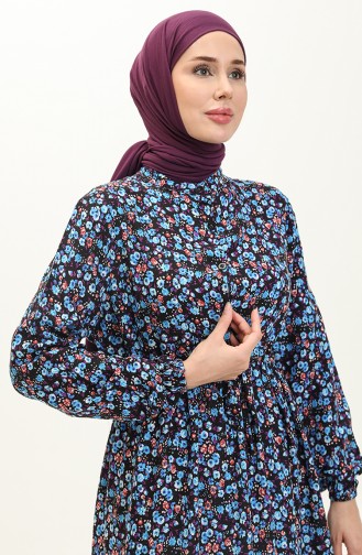 Geblümtes Baumwollkleid 0120-03 Blau Schwarz 0120-03