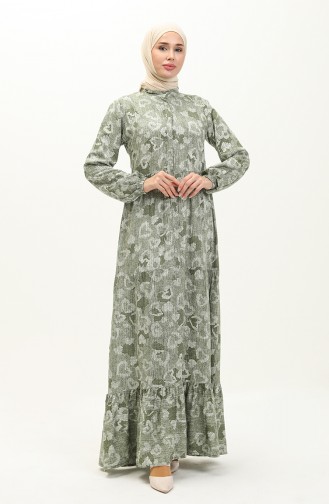 Gemustertes Kleid mit gerafftem Saum 0121-01 Khaki 0121-01