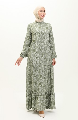 فستان منقوش  مطاط الاكمام 0121-01 أخضر عسكري 0121-01