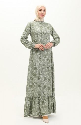 Gemustertes Kleid mit gerafftem Saum 0121-01 Khaki 0121-01