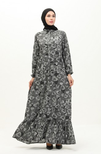 Etek Ucu Büzgülü Desenli Elbise 0121-04 Siyah