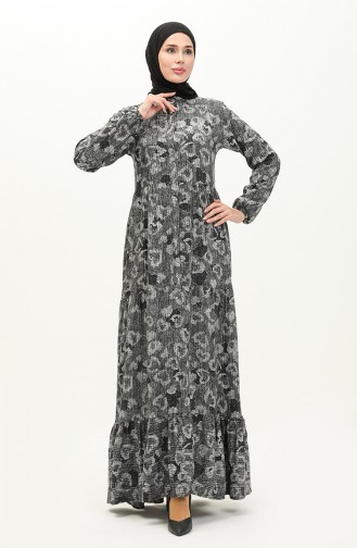 فستان منقوش مطاط الأكمام  0121-04  أسود 0121-04