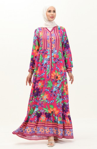 Alaçatı Gemustertes Kleid aus Viskose 0123-02 Fuchsie Grün 0123-02