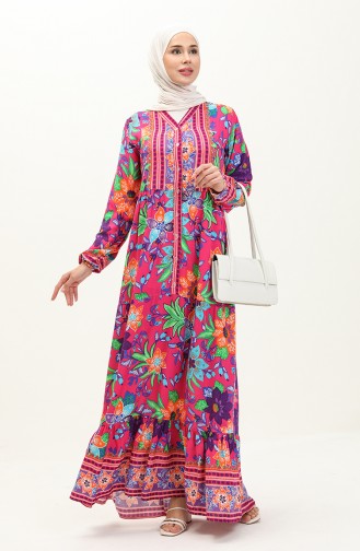 Alaçatı Gemustertes Kleid aus Viskose 0123-02 Fuchsie Grün 0123-02