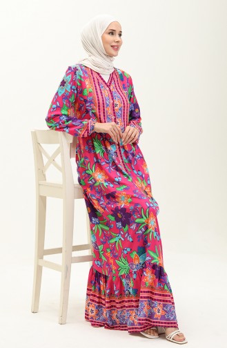Alaçatı Gemustertes Kleid aus Viskose 0123-02 Fuchsie Grün 0123-02