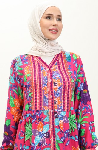 Alaçatı Gemustertes Kleid aus Viskose 0123-02 Fuchsie Grün 0123-02
