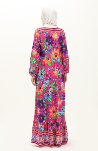 Alaçatı Gemustertes Kleid aus Viskose 0123-02 Fuchsie Grün 0123-02