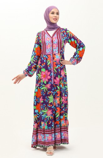 Alaçatı Gemustertes Kleid aus Viskose 0123-03 Lila Grün 0123-03