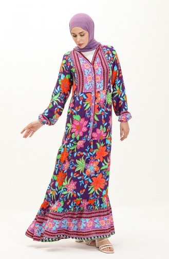 Alaçatı Patterned Viscose Dress 0123-03 Purple Green 0123-03