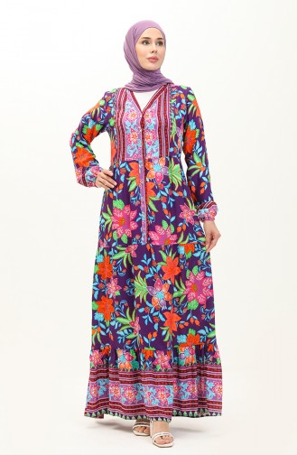 Alaçatı Patterned Viscose Dress 0123-03 Purple Green 0123-03
