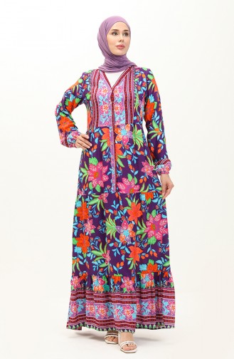 Alaçatı Gemustertes Kleid aus Viskose 0123-03 Lila Grün 0123-03