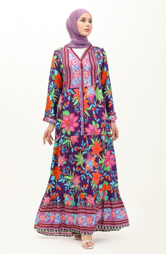 Alaçatı Gemustertes Kleid aus Viskose 0123-03 Lila Grün 0123-03