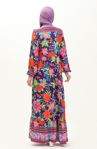 Alaçatı Patterned Viscose Dress 0123-03 Purple Green 0123-03