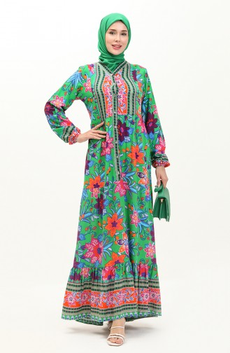 Alaçatı Patterned Viscose Dress 0123-04 Green Brick Red 0123-04