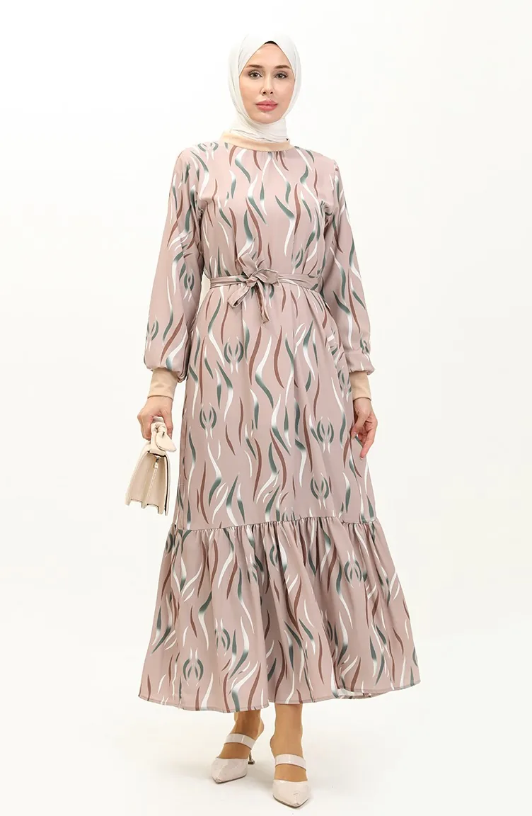 Ribbed Detailed Patterned Dress 0125-01 Beige 0125-01