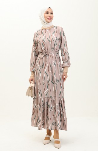 Rib Detailed Patterned Dress 0125-01 Beige 0125-01