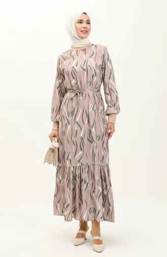 Ribbed Detailed Patterned Dress 0125-01 Beige 0125-01