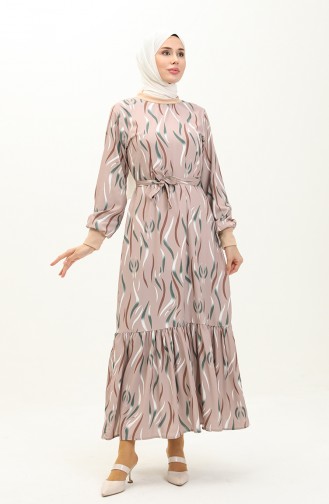 Rib Detailed Patterned Dress 0125-01 Beige 0125-01