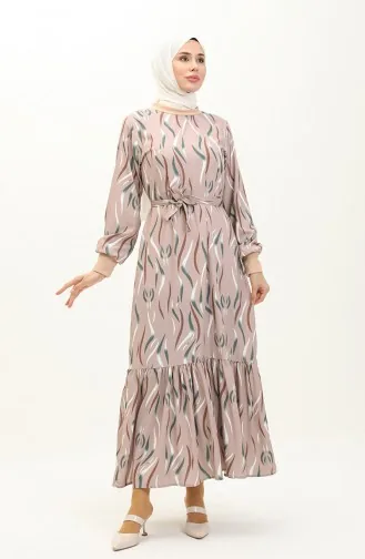 Ribbed Detailed Patterned Dress 0125-01 Beige 0125-01