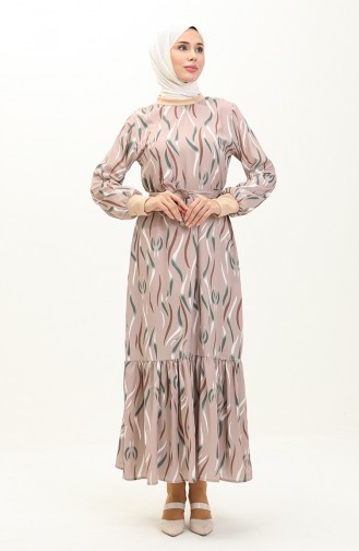 Rib Detailed Patterned Dress 0125-01 Beige 0125-01