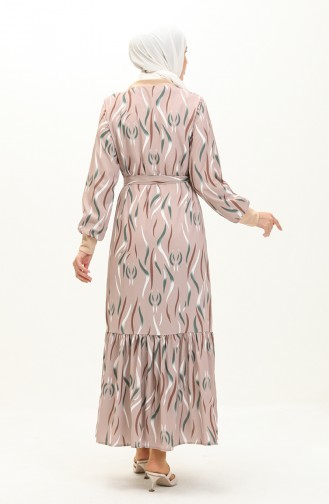 Ribana Detaylı Desenli Elbise 0125-01 Bej