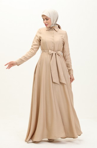 Oyya Shirt Collar Aerobin Dress 238437-03 Beige 238487-03