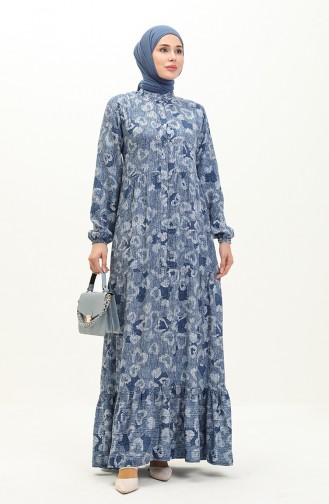 Patterned Shirred Hem Dress 0121-03 Navy Blue 0121-03