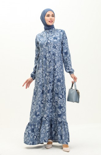 Patterned Shirred Hem Dress 0121-03 Navy Blue 0121-03