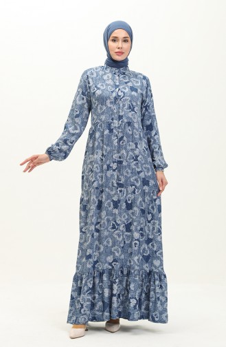 Patterned Shirred Hem Dress 0121-03 Navy Blue 0121-03