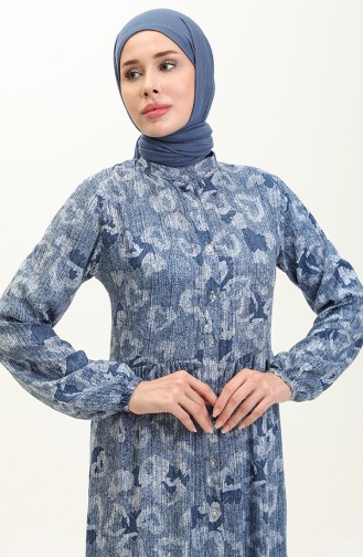 Etek Ucu Büzgülü Desenli Elbise 0121-03 Lacivert
