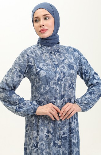 Patterned Shirred Hem Dress 0121-03 Navy Blue 0121-03