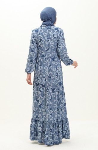 Patterned Shirred Hem Dress 0121-03 Navy Blue 0121-03