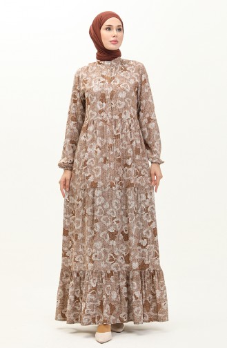 Shirred Hem Patterned Dress  0121-02 Brown 0121-02