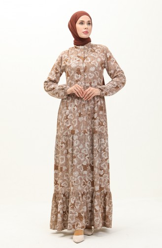 Shirred Hem Patterned Dress  0121-02 Brown 0121-02