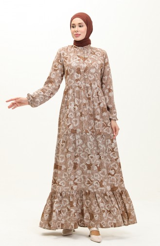 Shirred Hem Patterned Dress  0121-02 Brown 0121-02