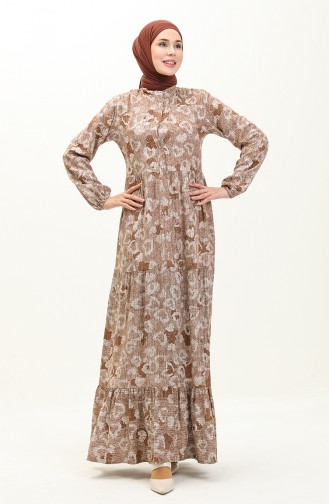 Shirred Hem Patterned Dress  0121-02 Brown 0121-02