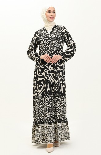 Pamuklu Desenli Elbise 0122-02 Siyah