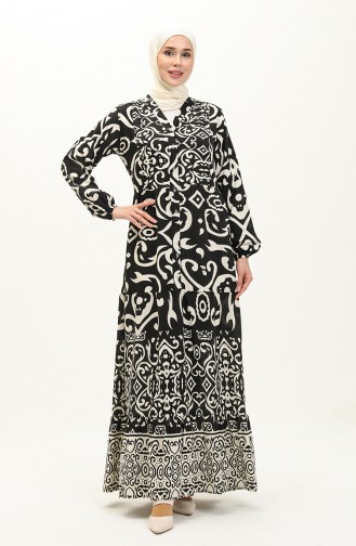 Cotton Patterned Dress 0122-02 Black 0122-02