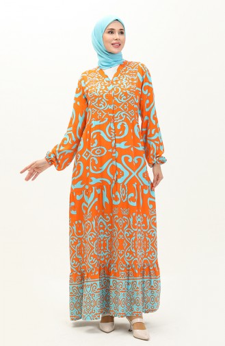 Cotton Patterned Dress 0122-03 Orange 0122-03