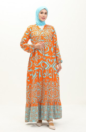 Cotton Patterned Dress 0122-03 Orange 0122-03