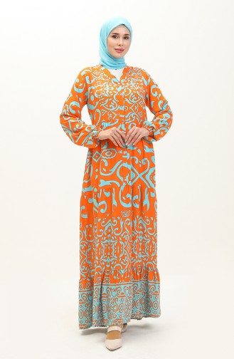 Cotton Patterned Dress 0122-03 Orange 0122-03