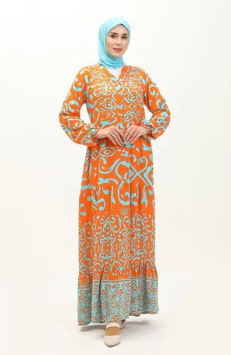 Cotton Patterned Dress 0122-03 Orange 0122-03