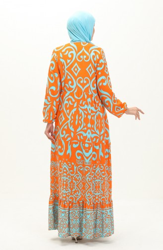 Pamuklu Desenli Elbise 0122-03 Oranj