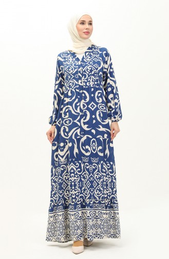 Robe à Motifs en Coton 0122-04 İndigo 0122-04