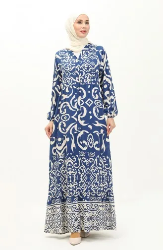 Cotton Patterned Dress 0122-04 İndigo 0122-04